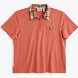 Alfred Dunner Coral Polo with Plaid Collar & Pocket Embroidery
